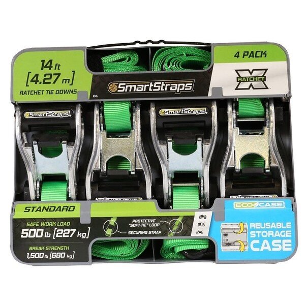 TieDown, 1 in W, 14 ft L, Polyester, Green, 500 lb, SHook End Fitting, Steel End Fitting, Smartstrap, Mfr#: 345