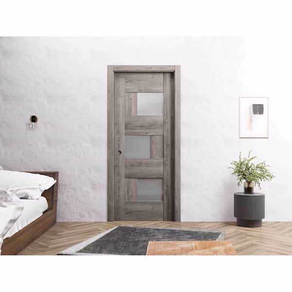 Sliding French Pocket Door 36 x 96in, Nebraska Grey W/ Frosted Glass, Kit Trims Rail Hardware, Sartodoors, Mfr#: SETE6933PD-NEB-3696