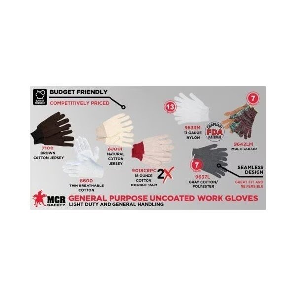 Gloves, Cotton, Brn, Large, 8 oz., PK12, Mcr Safety, Mfr#: 8000I