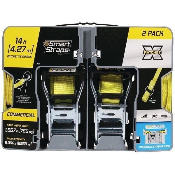 TieDown, 112 in W, 14 ft L, Polyester, Yellow, 1667 lb, Hook End Fitting, Steel End Fitting, Smartstrap, Mfr#: 159