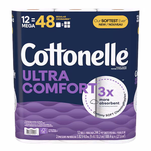 Ultra ComfortCare Toilet Paper 12 Rolls 268 sheet 4 in., Cottonelle, Mfr#: 54165