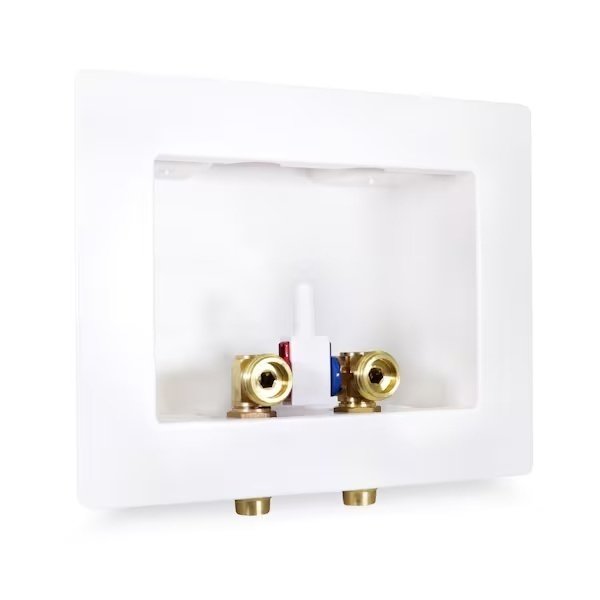 Washing Machine Outlet Box, Dual Drain, Assembled W/ 1/2'' Press Valves, White ABS, Everflow, Mfr#: SB200-R