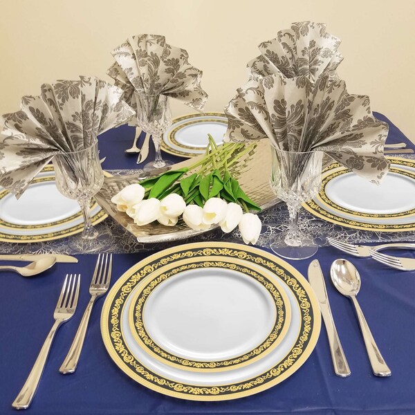 White w/Black and Gold Royal Rim Plastic Dinnerware Set (120 Dinner Plates+120 Salad Plates), 240PK, Smarty Had A Party, Mfr#: 970BGVP-CASE