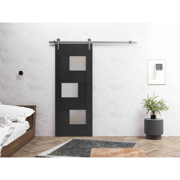Sturdy Barn Door 30 x 80in, Sete 6933 Matte Black W/ Frosted Glass, SS 6.6FT Rail Hangers Heavy Set, Sartodoors, Mfr#: SETE6933BD-S-BLK-30