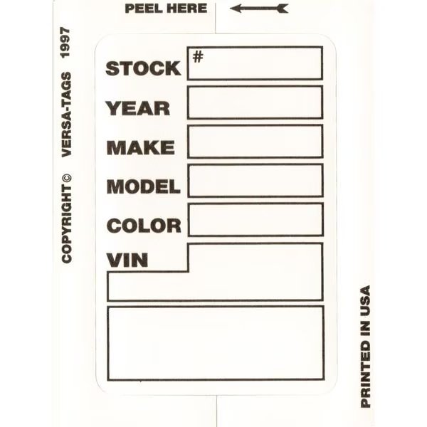 Versa-Tag Kleer-Bak Stock Stickers, 3" X 4", 100 Per Box: White Pk, Car Dealer Depot, Mfr#: 425