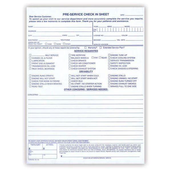 Pre-Service Check In, 8 1/2" X 11", 50 Sheets Per Pad, 2 Pads Per Pk Pk, Asp, Mfr#: 7280