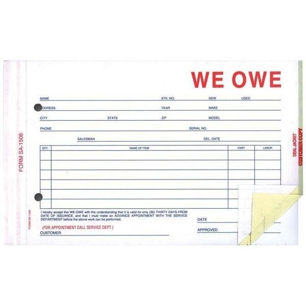 We Owe (Plain), 5 2/3" X 9 1/4" - 3 Part, 100 Per Pack Pk, Asp, Mfr#: 870