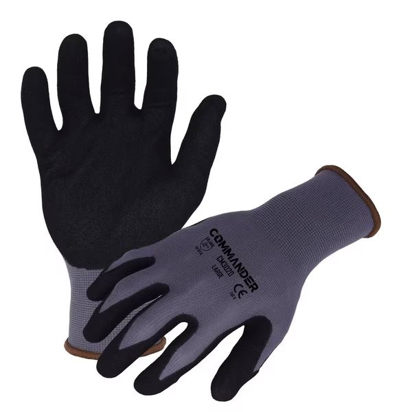 Commander 13 Ga. Gray Nylon/Spandex Work Gloves, Black Sandy-foam Nitrile Palm Coating, L, Azusa Safety, Mfr#: CM3020