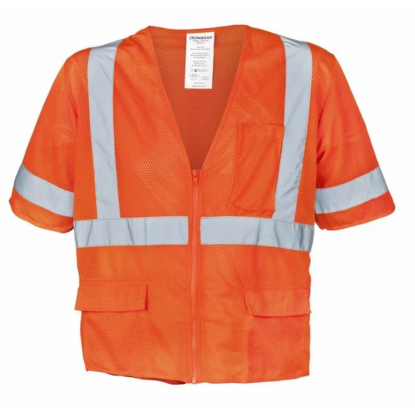 Polyester Mesh Safety Vest Class 3 w/ Zipper & 6 Pockets (Orange/X-Large), Ironwear, Mfr#: 1294-OZ-XL