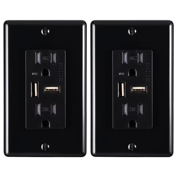 4.6A USB Outlet and 15A Decorator Tamper-Resistant Duplex Receptacle with Wall Plate, Black, 2PK, Faith, Mfr#: USB46-BK-02