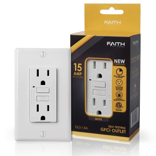 Self-Test 15A GFCI Outlet, GFI Receptacle with Wall Plate, White, Faith, Mfr#: GLS-15A-WH