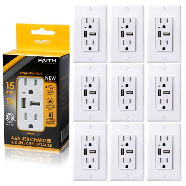 Combination 4.6A USB Outlet and 15A TR Receptacle, White, PK 10, Faith, Mfr#: USB46-WH-10