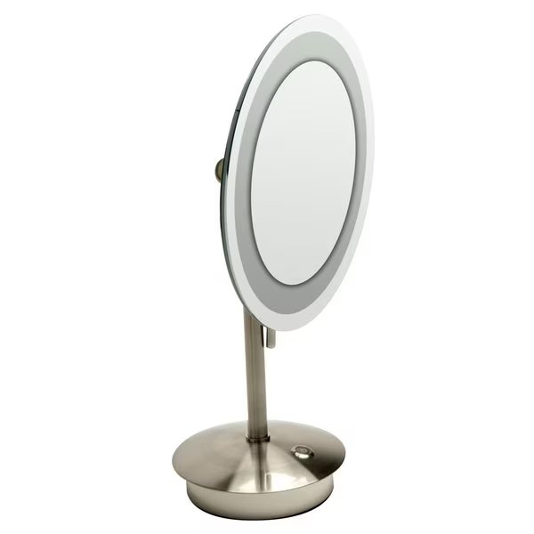 Brushed Nickel Tabletop Rnd 9" 5x Magnifying Cosmetic Mirror W/ Light, Alfi Brand, Mfr#: ABM9FLED-BN