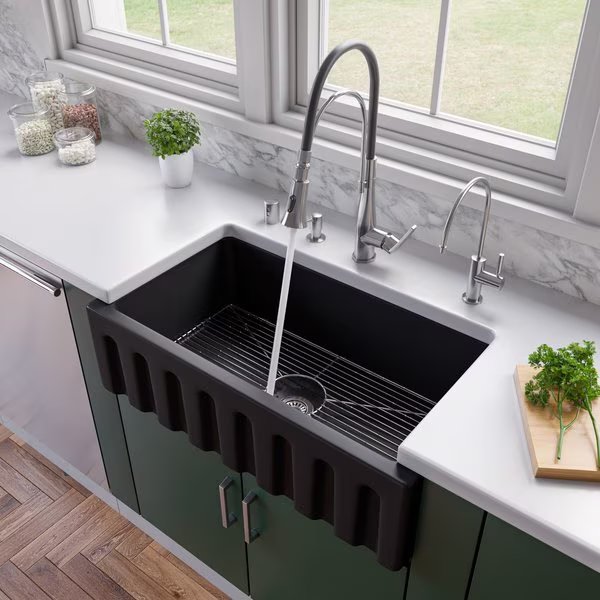 33" Black Matte Reversible Smooth/Fluted Sgl Bowl Fireclay Farm Sink, Alfi Brand, Mfr#: AB3318HS-BM