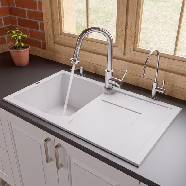White 34" Sgl Bowl Granite Composite Kitchen Sink W/ Drainboard, Alfi Brand, Mfr#: AB1620DI-W