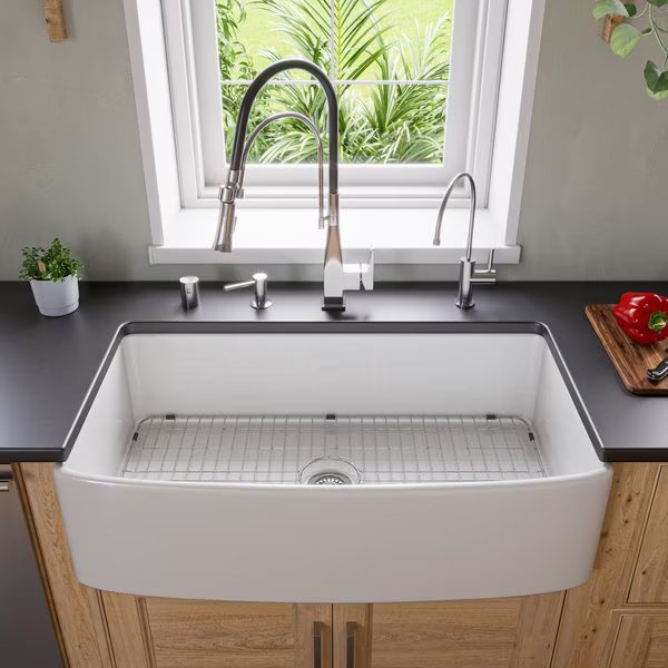 White Smooth Curved Apron 36" x 20" Single Bowl Fireclay Farm Sink, Alfi Brand, Mfr#: ABFC3620S-W