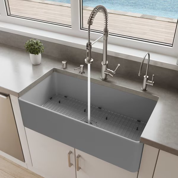 Gray Matte Smooth Apron 36" x 18" Single Bowl Fireclay Farm Sink, Alfi Brand, Mfr#: ABF3618-GM