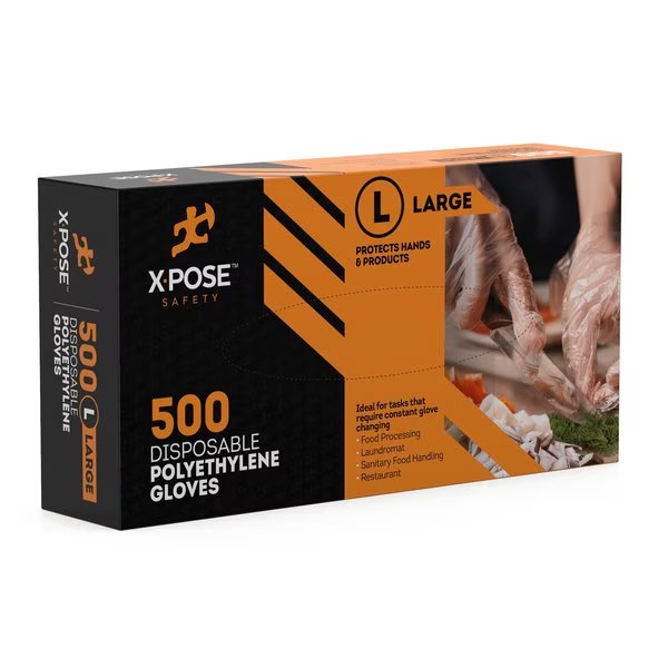 Disposable Poly Gloves, Poly, L, Clear, Xpose Safety, Mfr#: P500-L