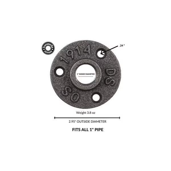 1" Black Malleable Cast Iron Floor Flange, 12PK, Ironwerks Designs, Mfr#: flanges_3_1_12
