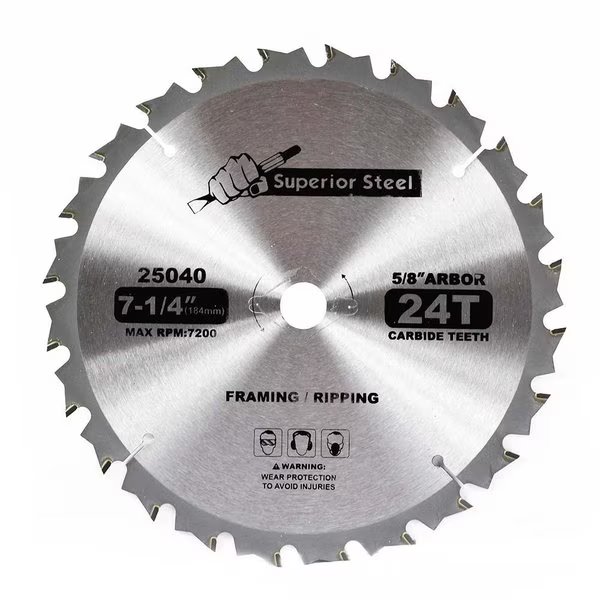 7-1/4-Inch 24-Tooth Carbide Tipped, 5/8-Inch Arbor Framing Saw Blade with Diamond Knockout, Superior Steel, Mfr#: 25040