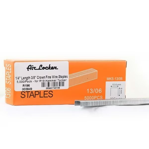 Light Duty Staples, R19, 1/4 in Leg L, Steel, 5000 PK, Air Locker, Mfr#: R196