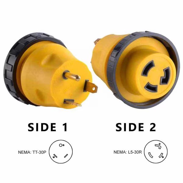 30 Amp Male NEMA TT-30P to 30 Amp Female NEMA L5-30R Locking Adapter, Superior Electric, Mfr#: RVA1513L