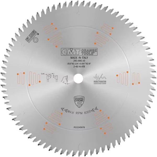 ORANGE TOOLS  Orange Chrome Ultimate Plywood & Melamine Blade 10" x T80 HiATB, Silver, Cmt, Mfr#: 283.680.10