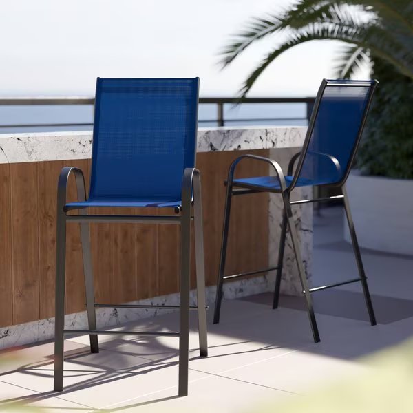 2PK Navy Outdoor Barstools with Flex Material, Flash Furniture, Mfr#: 2-JJ-092H-NV-GG