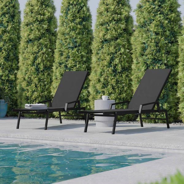 Black/Black Adjustable Chaise Lounge with Arms, 2PK, Flash Furniture, Mfr#: 2-JJ-LC323-BLK-BLK-GG