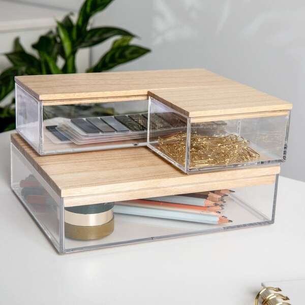 Brody Clear Plastic Storage Organizer Bins W/Light Natural Paulownia Wood Lids, Small/Med/Lrg Bins, Martha Stewart, Mfr#: BE-PB3317-WD-3-CL-NT-MS