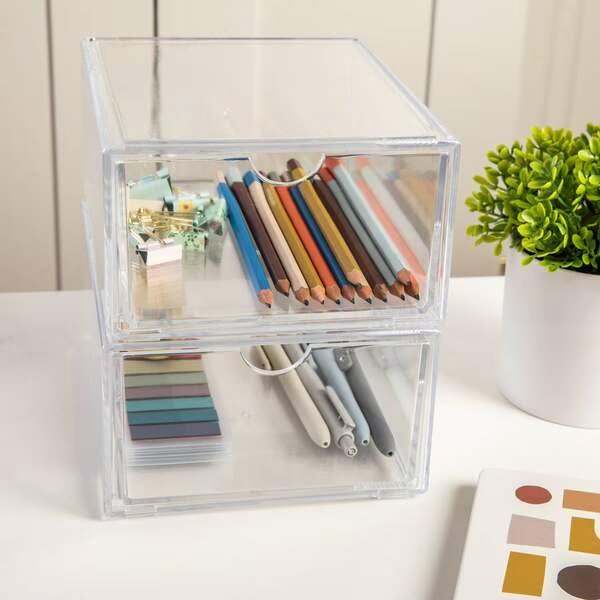 Brody 2 Pack Plastic Stackable Office Desktop Organizer Boxes with Drawer, 6 x 7.5, Martha Stewart, Mfr#: BE-PB4512-2-CLR-MS