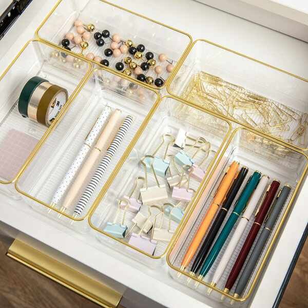 Kerry 6 Pack Plastic Stackable Office Desk Drawer Organizers with Gold Trim, 6 x 3, Martha Stewart, Mfr#: BE-PB9051-G-6-CLRGLD-MS