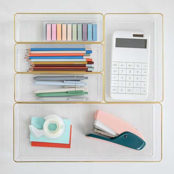 Kerry Plastic Stackable Office Desk Drawer Organizers with Gold Trim, Various Sizes, Set of 5, Martha Stewart, Mfr#: BE-PB9085-G-5-CLRGLD-MS