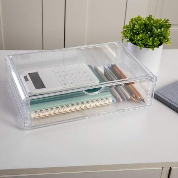 Brody Plastic Stackable Office Desktop Organizer Box with Drawer, 12.75 x 7.75, Martha Stewart, Mfr#: BE-PB9500-CLR-MS