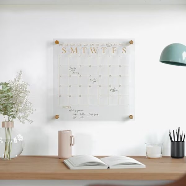 Grayson Acrylic Dry Erase Wall Calendar w/Dry Erase Mrkr and Mntng Hrdwr, 14in. Sq, Clr w/Gld Prnt, Martha Stewart, Mfr#: BR-AC-3636-GD-CLRGLD-MS