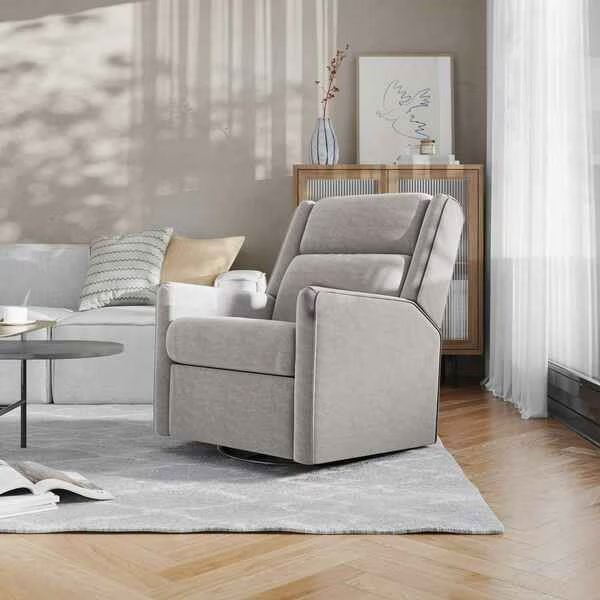 Cash Swivel Glider Rocker Recliner Chair, Manual 360 Degree Swivel Recliner, Light Gray Upholstery, Flash Furniture, Mfr#: CY-RAC-536-LTGRY-GG