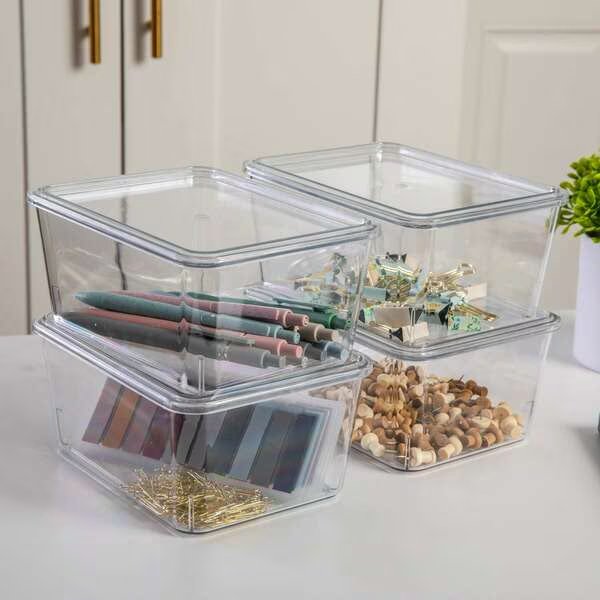 Brody 4 Pack Stackable Plastic Storage Box with Lids Office Desktop Organizers, 6.75 x 5, Martha Stewart, Mfr#: GS-BA-YM016-4-CLR-MS