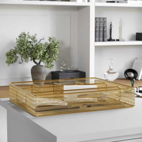 Ryder Gold Mesh Metal 6 Compartment Large Desk Drawer Organizer for Accessories and Office Supplies, Martha Stewart, Mfr#: HH-OHD17-GLD-MS