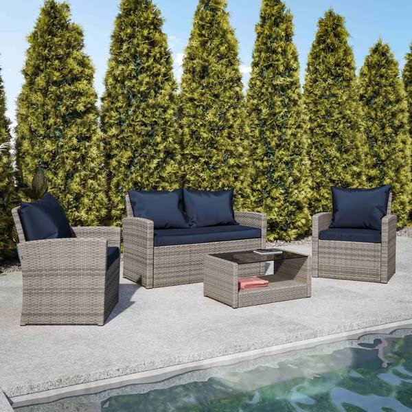 4 Piece Lt Gray Patio Set with Navy Back Pillows, Flash Furniture, Mfr#: JJ-S351-GYNV-GG