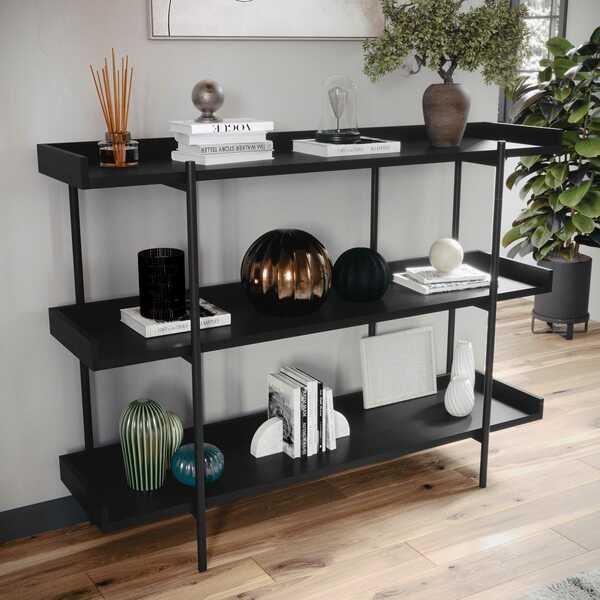 Emmett 3 Shelf 35in.H Storage Display Unit Bookcase w/Oil Rubbed Brnz Metal Frame in Blk Wood Grain, Martha Stewart, Mfr#: JN-2542B3-BK-BK-MS