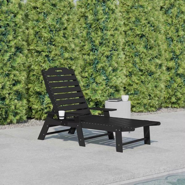 Black Adjustable Chaise Lounger with Cupholder, Flash Furniture, Mfr#: LE-HMP-2017-414-BK-GG
