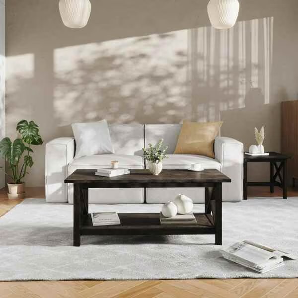 Jasper Farmhouse Style Solid Wood Coffee Table w/X-Frame Design and Lower Shelf in Dark Gray, Flash Furniture, Mfr#: LFS-2007-DKGRY-GG