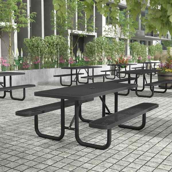 Mantilla 6' Rectangular Outdoor Picnic Table Expanded Metal Mesh Top, Seats, Steel Frame in Black, Flash Furniture, Mfr#: SLF-EML-72-BK-GG
