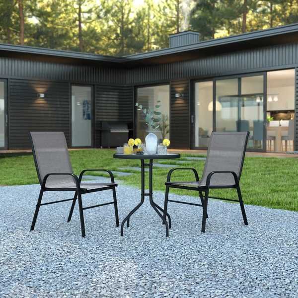 3PC Patio Set-23.75RD Glass Table, 2 Gray Chairs, Flash Furniture, Mfr#: TLH-0701303C-GY-GG