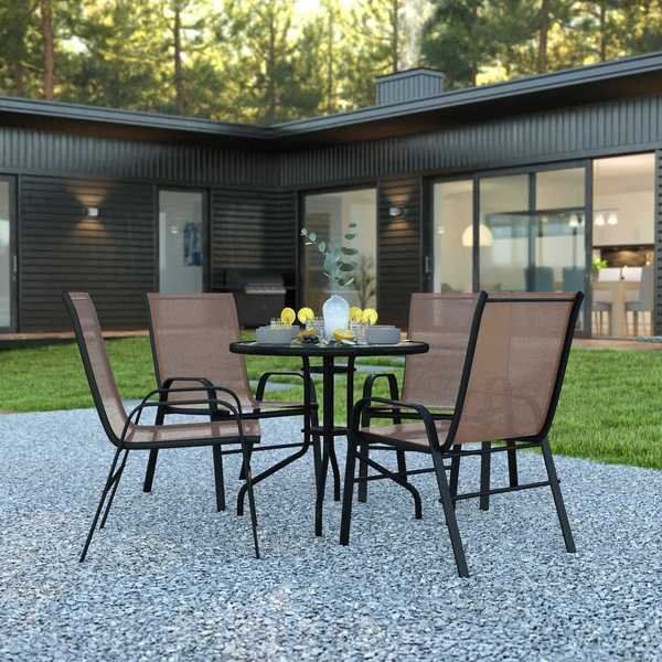 5PC Patio Set-31.5RD Glass Table, 4 Brown Chairs, Flash Furniture, Mfr#: TLH-0702303C-BN-GG