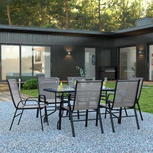 7PC Patio Set-55" Glass Table, 6 Gray Chairs, Flash Furniture, Mfr#: TLH-089REC-303CGY6-GG