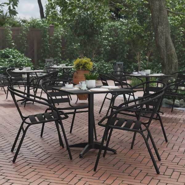 Lila 27.5in Black Square Aluminum Indoor-Outdoor Table Set with 4 Black Slat Back Chairs, Flash Furniture, Mfr#: TLH-ALUM-28SQ-017BK4-GG