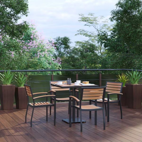30" Square Faux Teak Patio Table & 4 Club Chairs, Flash Furniture, Mfr#: XU-DG-104560064-GG