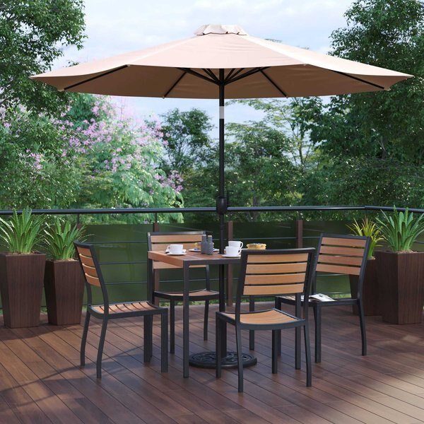 Faux Teak 35" Table-Tan Umbrella-Base-4 Chairs, Flash Furniture, Mfr#: XU-DG-810060364-UB19BTN-GG