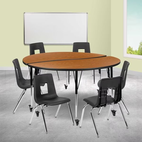 Mobile 60" Circle Wave Oak Table Set-18" Chairs, Flash Furniture, Mfr#: XU-GRP-18CH-A60-HCIRC-OAK-T-A-CAS-GG